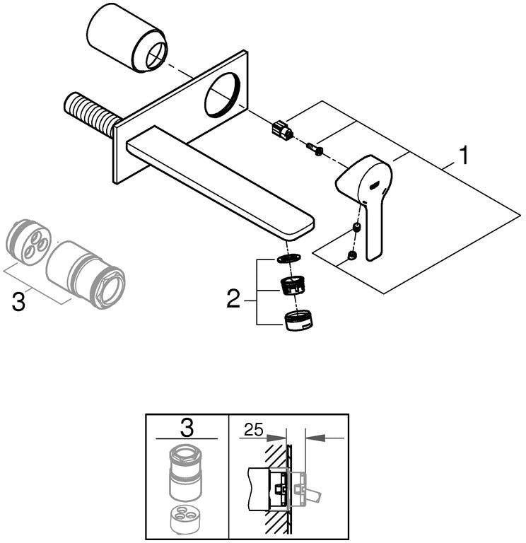 GROHE Lineare 2-Loch-Waschtischbatterie Wandmontage Fertigmontageset Chrom