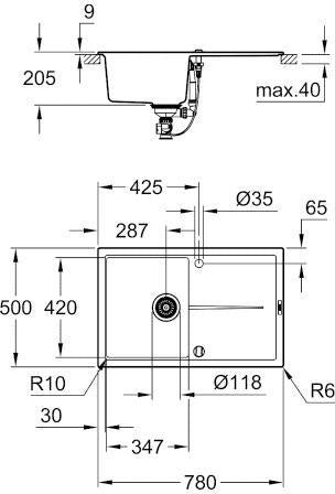 GROHE K400 Kompositspüle 1 Becken 780x500mm mit Abtropffläche granit grau