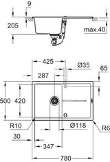 GROHE K400 Kompositspüle 1 Becken 780x500mm mit Abtropffläche granit grau