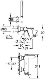 GROHE Plus Einhand-Wannenbatterie Wandmontage mit Brausegarnitur chrom – 33547_3