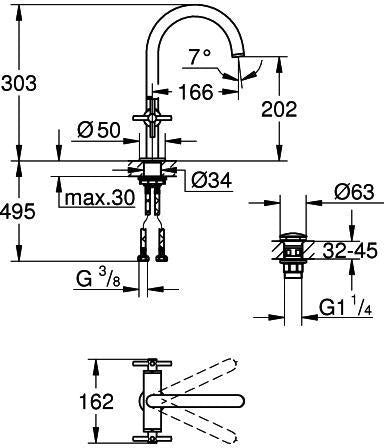 GROHE Atrio Waschtisch-Einlochbatterie L-Size mit Kreuzgriffen – chrom, EcoJoy, schwenkbarer Auslauf