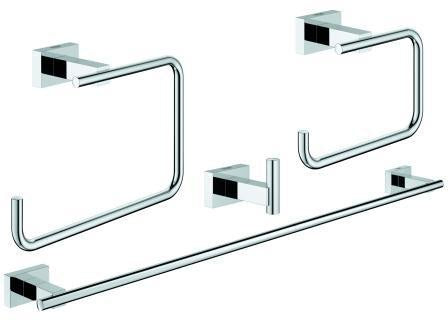 GROHE Essentials Cube Bad-Accessoire Set 4-in-1: Handtuchhalter, Haken, WC-Papierhalter, Handtuchring – Chrom