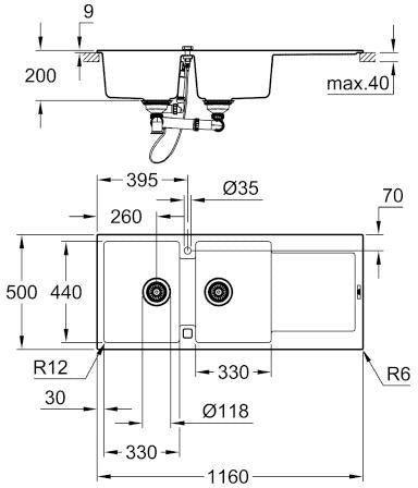 GROHE K500 Kompositspüle 1160x500mm Doppelbecken granit grau mit Abtropffläche