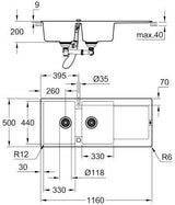 GROHE K500 Kompositspüle 1160x500mm Doppelbecken granit grau mit Abtropffläche