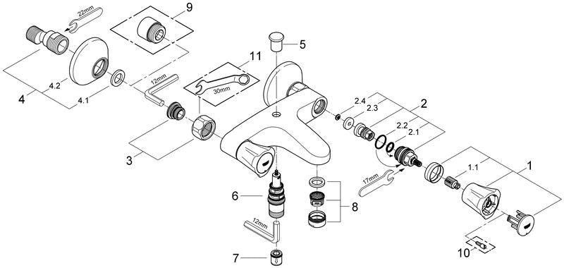 GROHE Costa 2-Griff-Wannenbatterie 25450_1 DN15 Wandmontage Chrom – mit Mousseur & Rückflussverhinderer