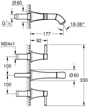 GROHE Grandera 3-Loch-Waschtischbatterie Wandmontage 177 mm Chrom – Fertigmontageset