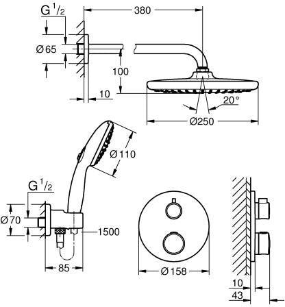 GROHE Grohtherm Unterputz-Duschsystem mit Tempesta 250, rund, chrom, 2 Absperrventile