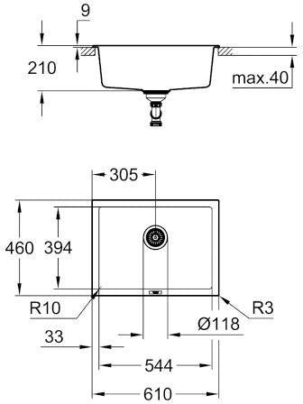 GROHE K700 Unterbau Kompositspüle 1 Becken 610x460mm granit schwarz