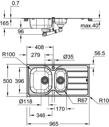 GROHE K200 Edelstahlspüle 1,5 Becken mit Abtropffläche 965x500 mm