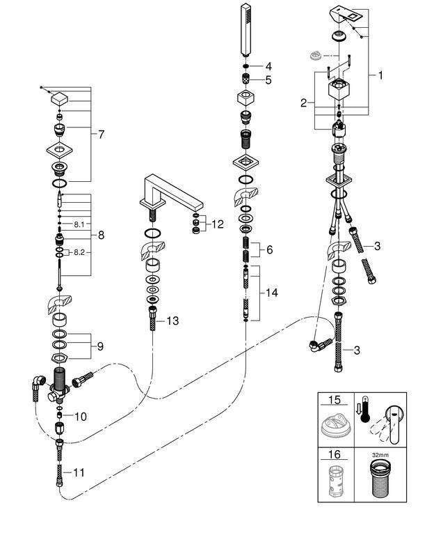 GROHE Eurocube 4-Loch-Einhand-Wannenkombination – Chrom, 252 mm, mit Handbrause Euphoria Cube+