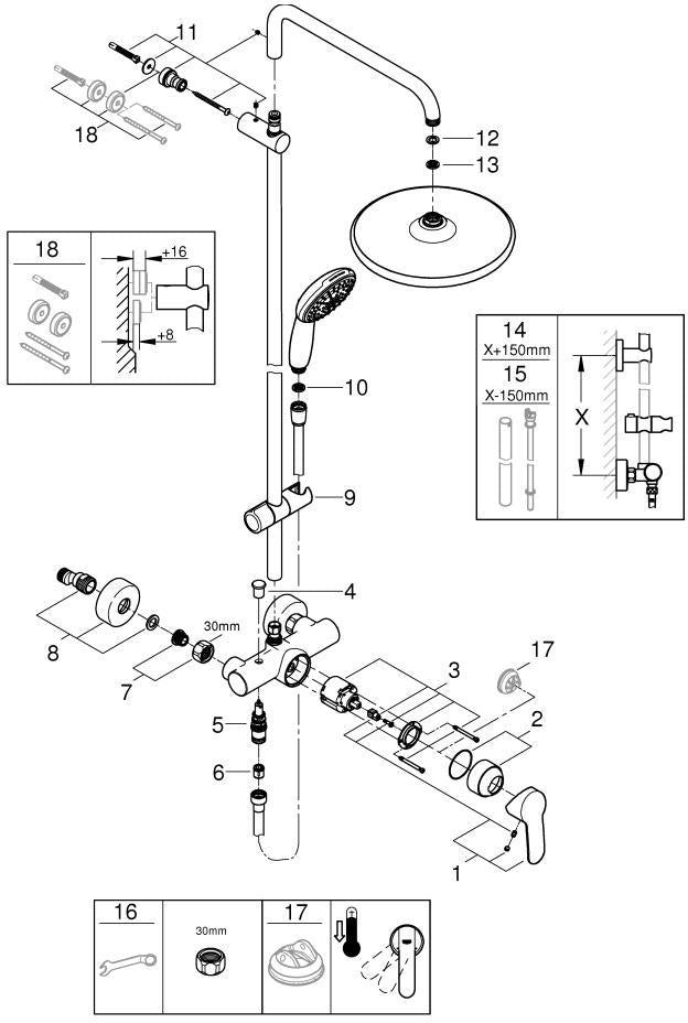 GROHE Tempesta System 250 Duschsystem mit Einhandmischer – Chrom, 250 mm Kopfbrause, Handbrause, EcoJoy