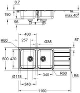 GROHE K500 Edelstahlspüle 2 Becken mit Abtropffläche 1160x500 mm – Einbau-Doppelspüle