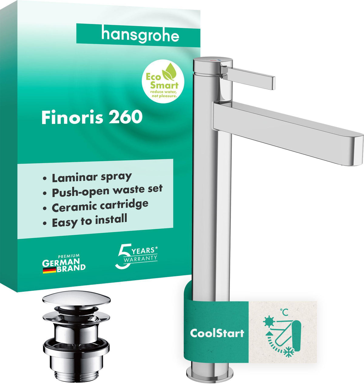 Hansgrohe Finoris 260 Waschtischmischer CoolStart Highriser Chrom mit Push-Open Ablaufgarnitur