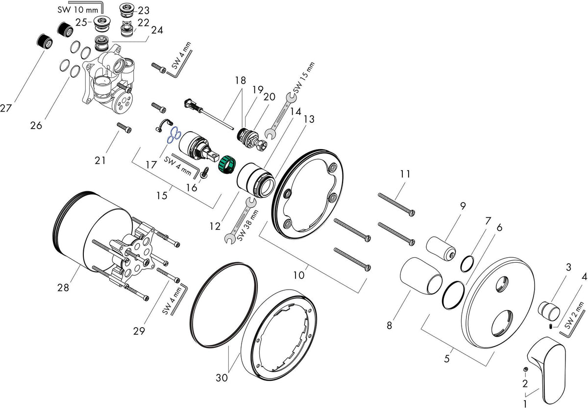 HANSGROHE Rebris S Fertigmontageset Wannenmischer Unterputz Chrom – 2 Verbraucher, Thermostat