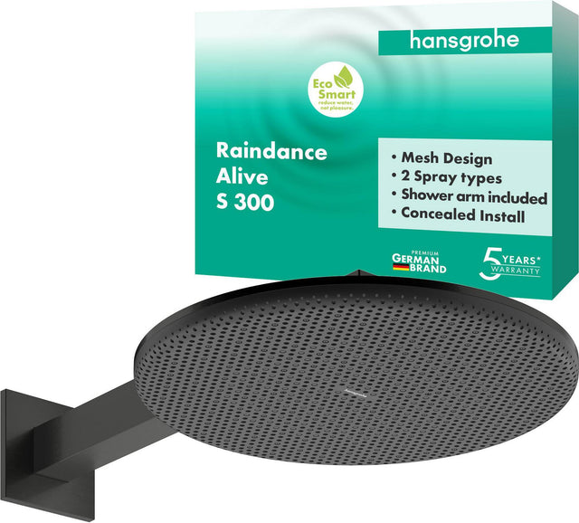 Hansgrohe Raindance Alive S 300 2jet EcoSmart Kopfbrause mit Brausearm – 300 mm, schwarz