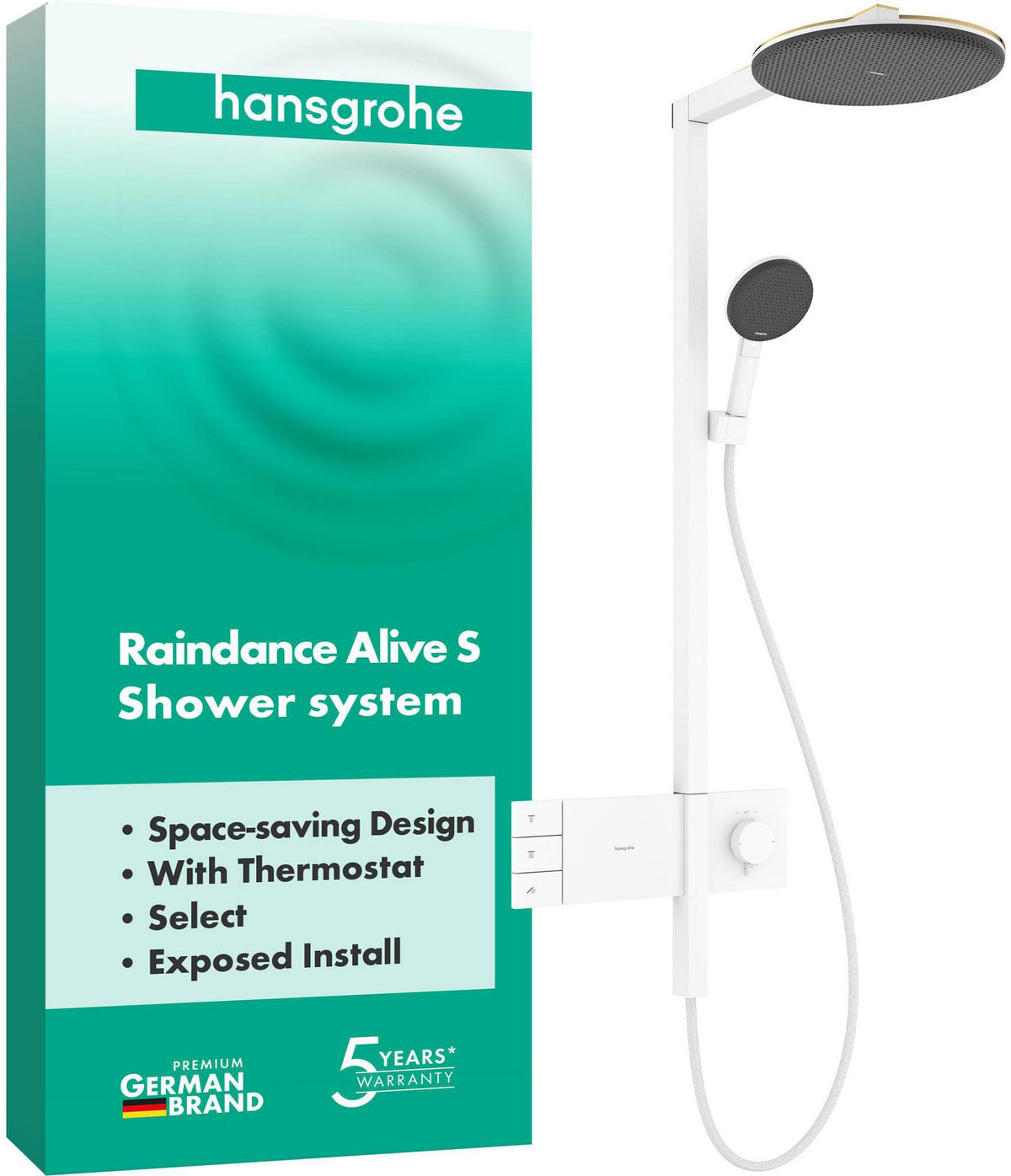 HANSGROHE Raindance Alive S 300 2jet Duschsystem mit Thermostat – Schwarz, 300 mm Kopfbrause