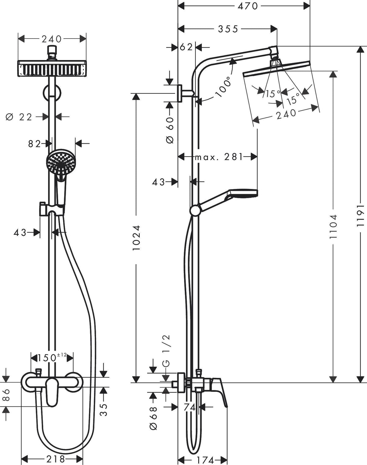 HANSGROHE Showerpipe Crometta E 240 mit Einhebelmischer – 240 mm Kopfbrause, chrom
