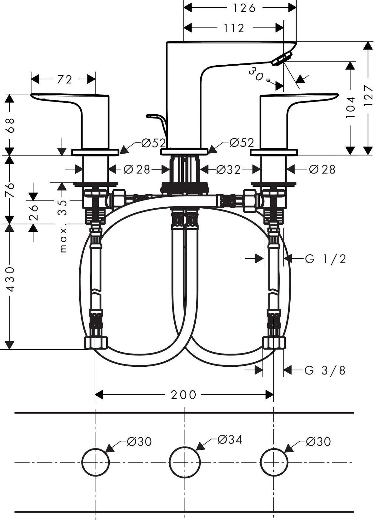 HANSGROHE Talis E 3-Loch-Waschtischarmatur Chrom mit Zugstangen-Ablaufgarnitur DN15