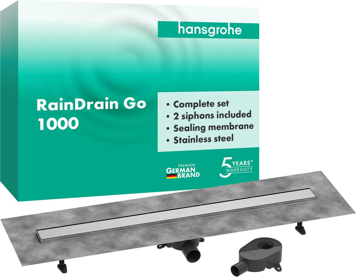 Hansgrohe RainDrain Go Komplettset Duschrinne 1000 mm rückseitig befliesbar für Standard- und flache Installation, matt schwarz