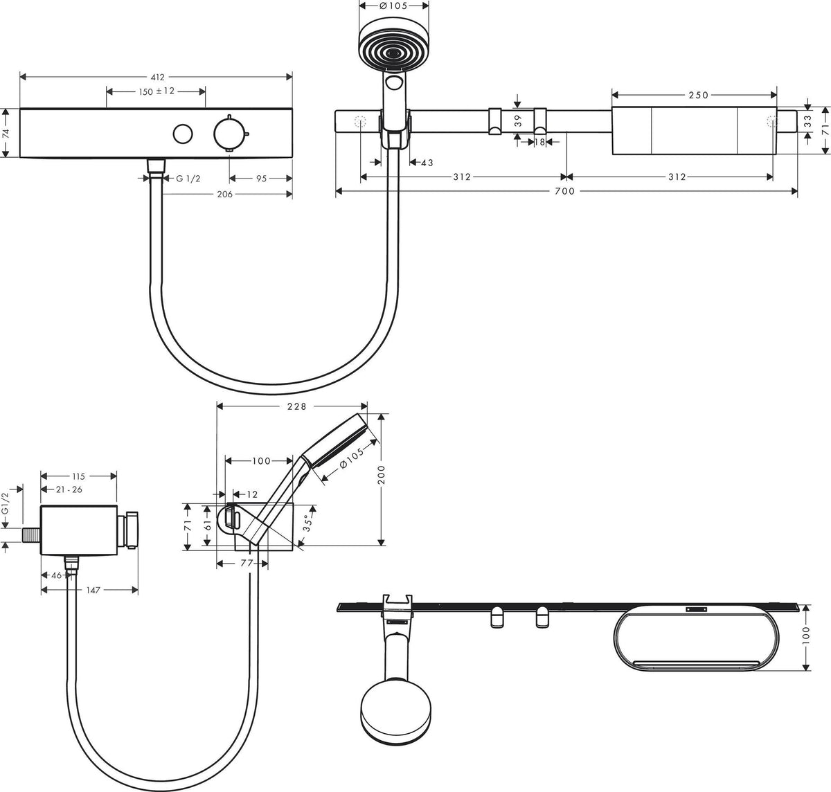 HANSGROHE WallStoris 105 Duschsystem Set mattschwarz mit Thermostat und Handbrause