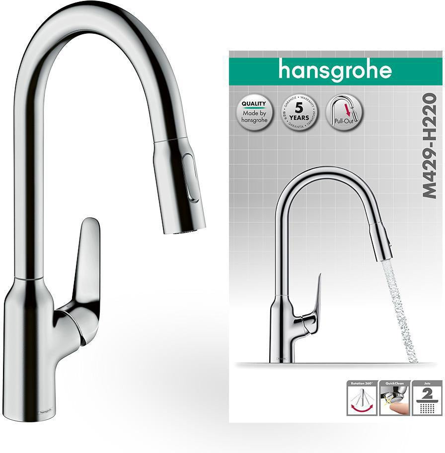 HANSGROHE Focus M42 Spültischmischer 220 mit Ausziehbrause, chrom – ComfortZone, 360° Schwenkbereich