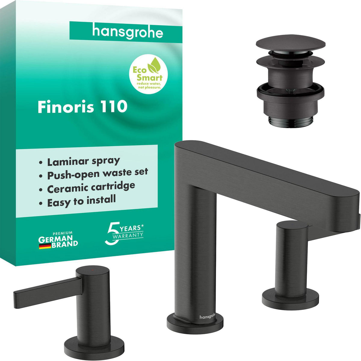 HANSGROHE Finoris 110 3-Loch-Waschtischarmatur mit Push-Open Ablaufgarnitur, Chrom