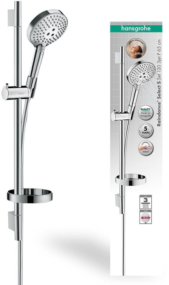 HANSGROHE Raindance Select S 120 Brauseset mit 3 Strahlarten, Select-Taste und Seifenschale in Chrom