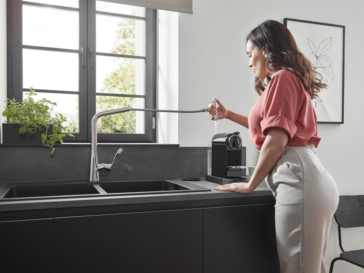 HANSGROHE Metris Select 320 Küchenmischer mit Ausziehauslauf, Select-Knopf und ComfortZone