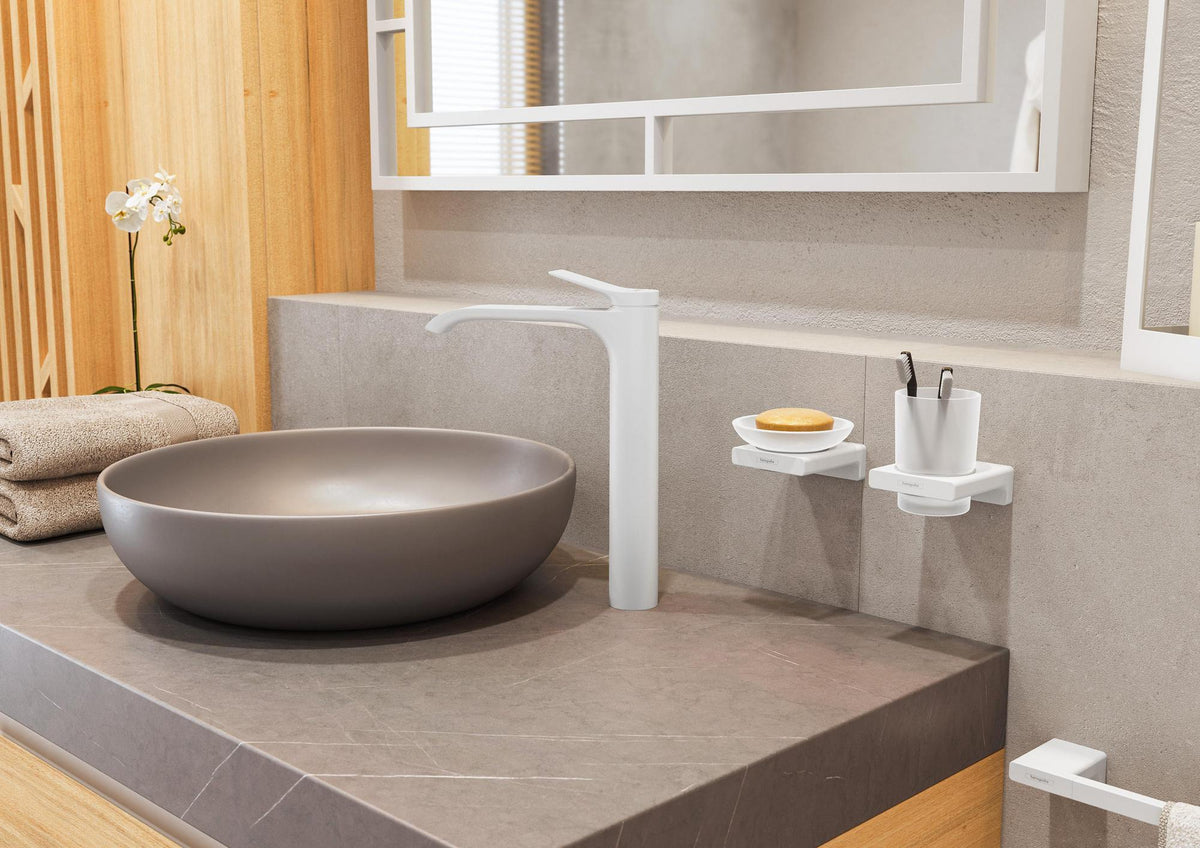 HANSGROHE AddStoris Glashalter Wandmontage Chrom – Mattglas Zahnputzbecher-Halter mit verdeckter Befestigung