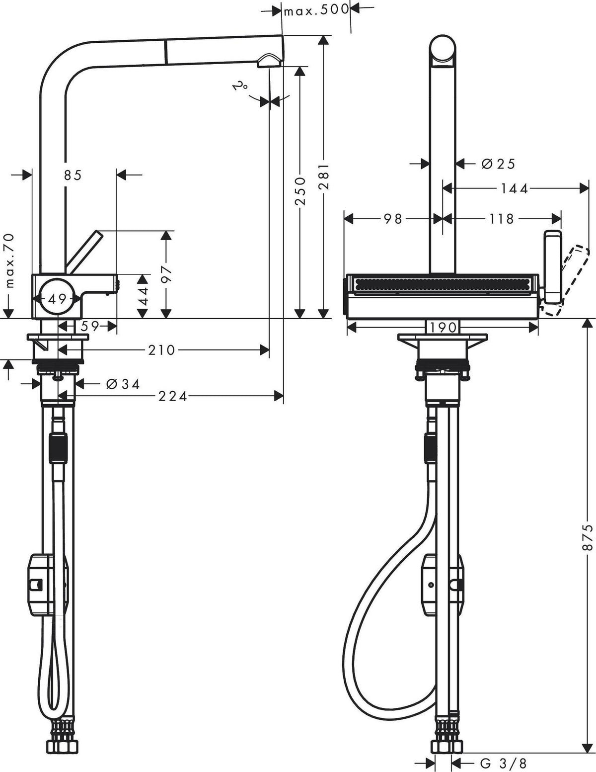 HANSGROHE Aquno Select M81 Spültischmischer 250 mit Ausziehauslauf 2jet Chrom