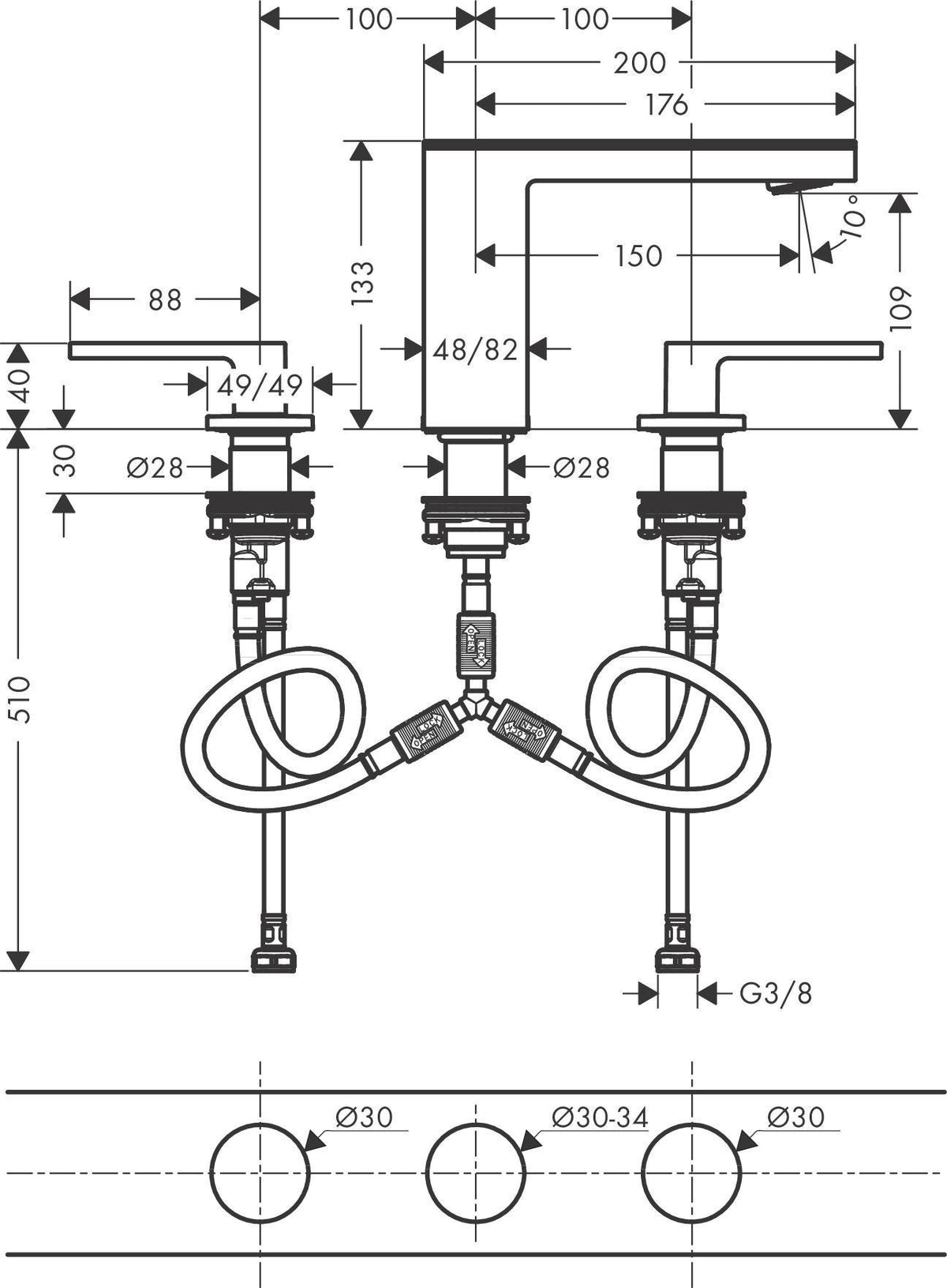 AXOR MYEDITION 110 Einhebel-Waschtischmischer mit Platte und Push-Open Ablaufgarnitur in Chrom / Spiegelglas