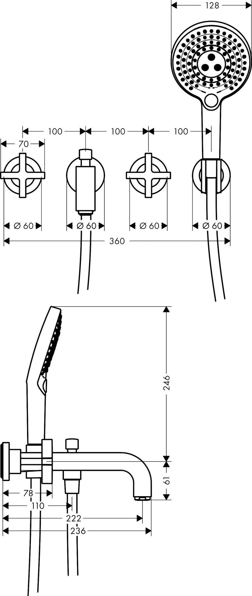 AXOR CITTERIO 3-Loch-Wannenarmatur DN 15 Unterputz mit Handbrause und Kreuzgriff Chrom