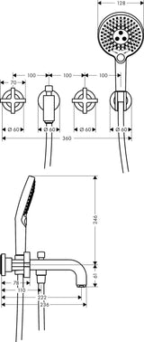 AXOR CITTERIO 3-Loch-Wannenarmatur DN 15 Unterputz mit Handbrause und Kreuzgriff Chrom
