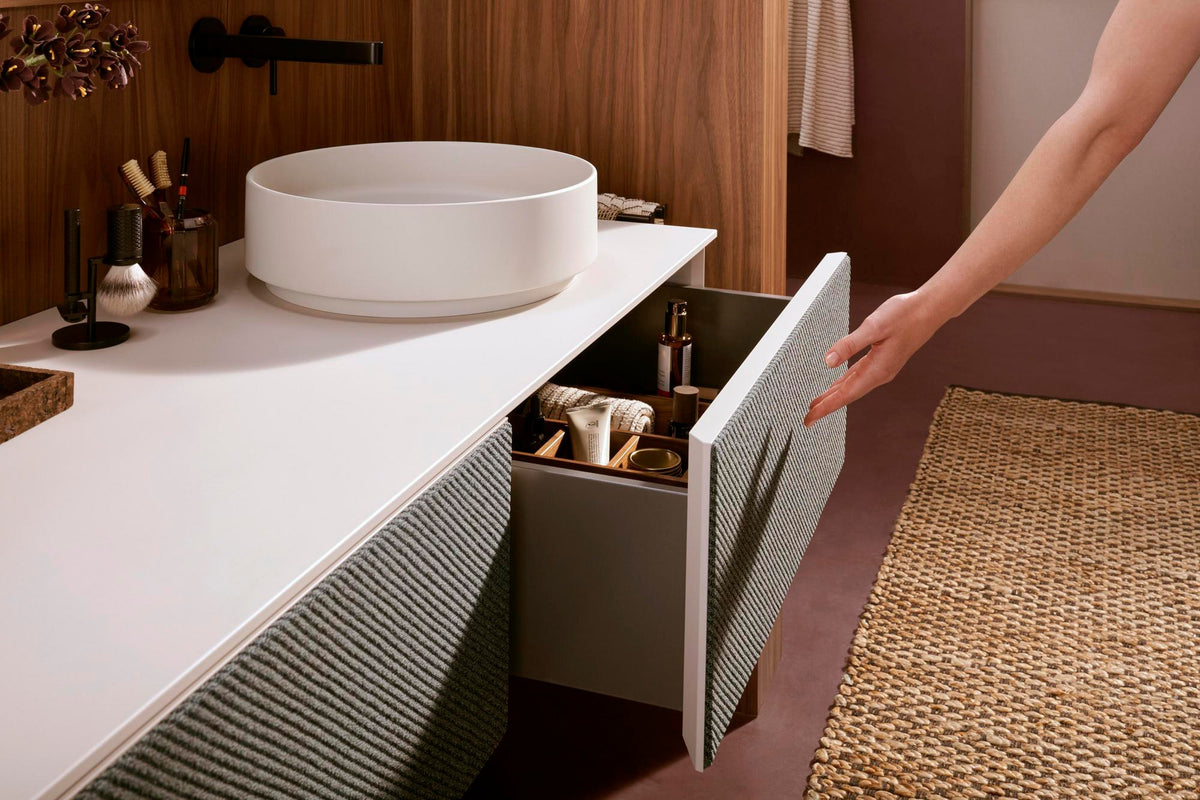 HANSGROHE Xevolos E Waschtischunterschrank 1370 mm – Grifflos, SoftClose, 2 Schubkästen, Sandbeige