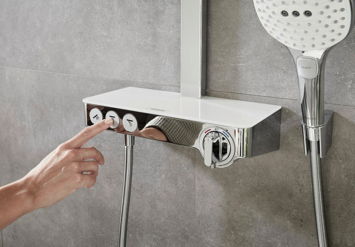 HANSGROHE Showerpipe RAINDANCE SELECT E 300 3jet ST DN 15 chrom – Duschsystem mit Thermostat ShowerTablet Select 300