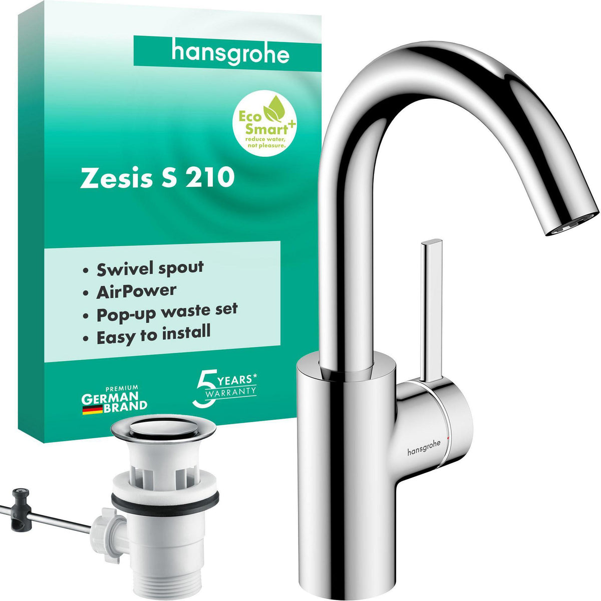 HANSGROHE Zesis S 210 Einhebel-Waschtischmischer mit Schwenkauslauf und Zugstangen-Ablaufgarnitur, chrom