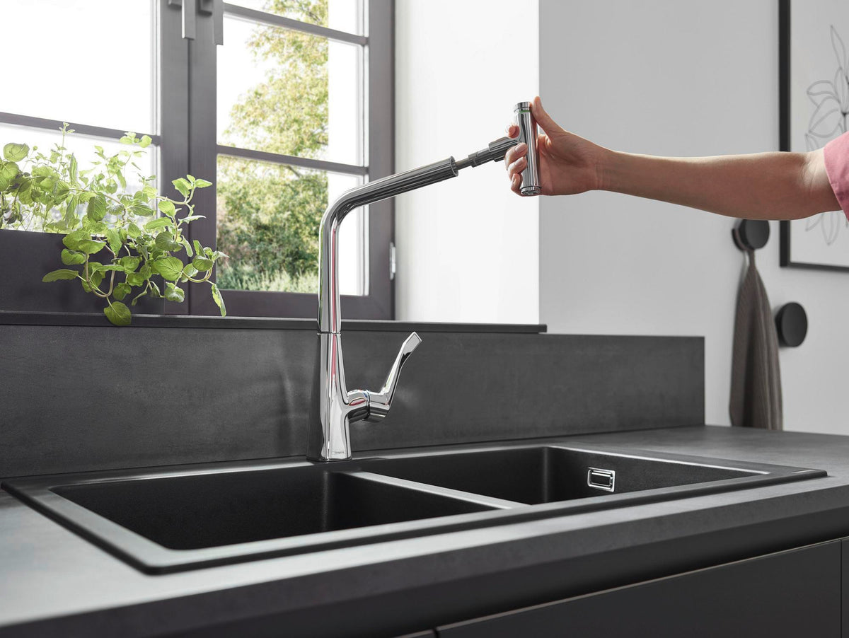 HANSGROHE Metris Select 320 Küchenmischer mit Ausziehauslauf, Select-Knopf und ComfortZone