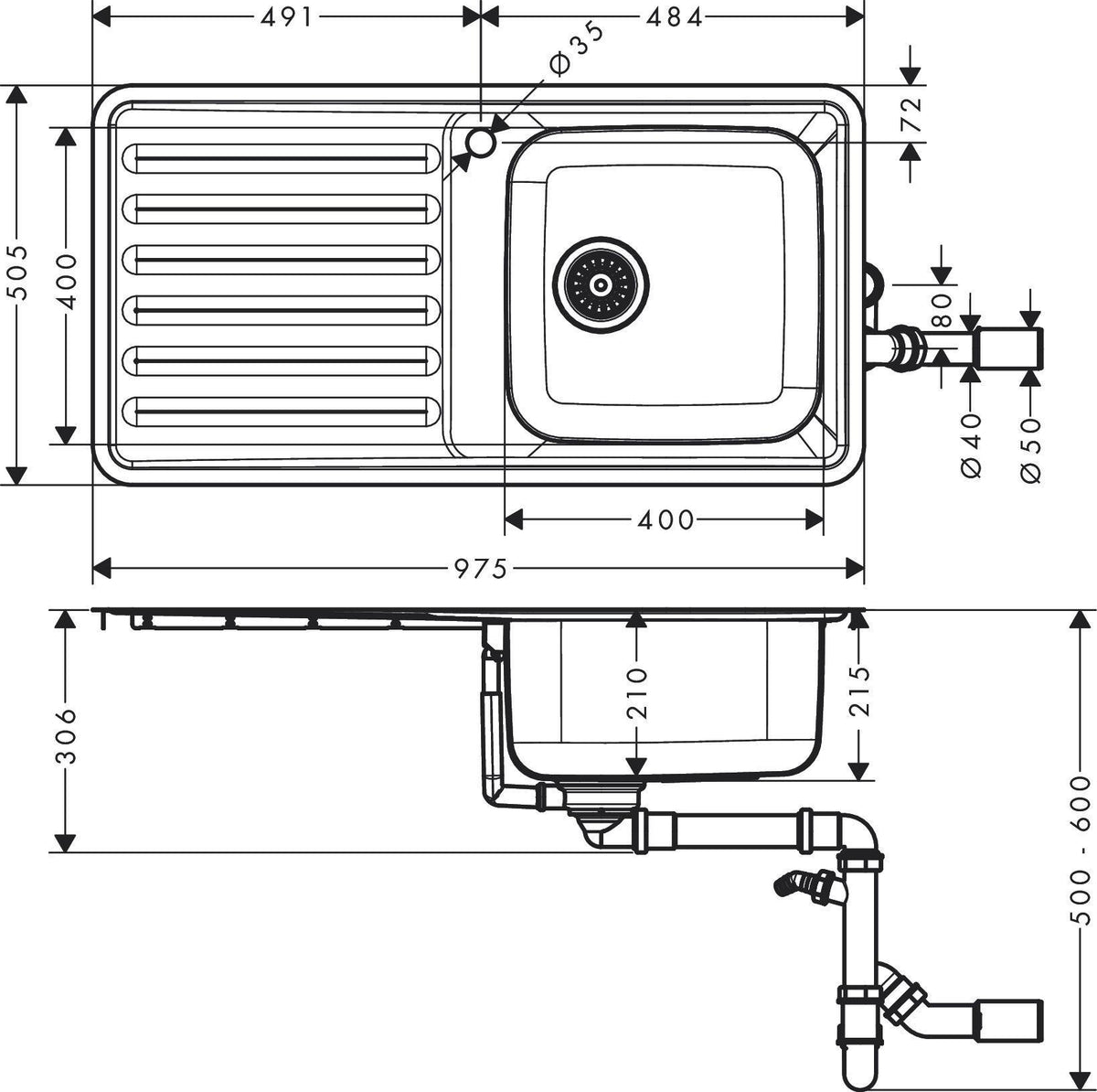 HANSGROHE Einbauspüle S41 400 mit Abtropffläche – Edelstahl, reversibel, flächenbündig
