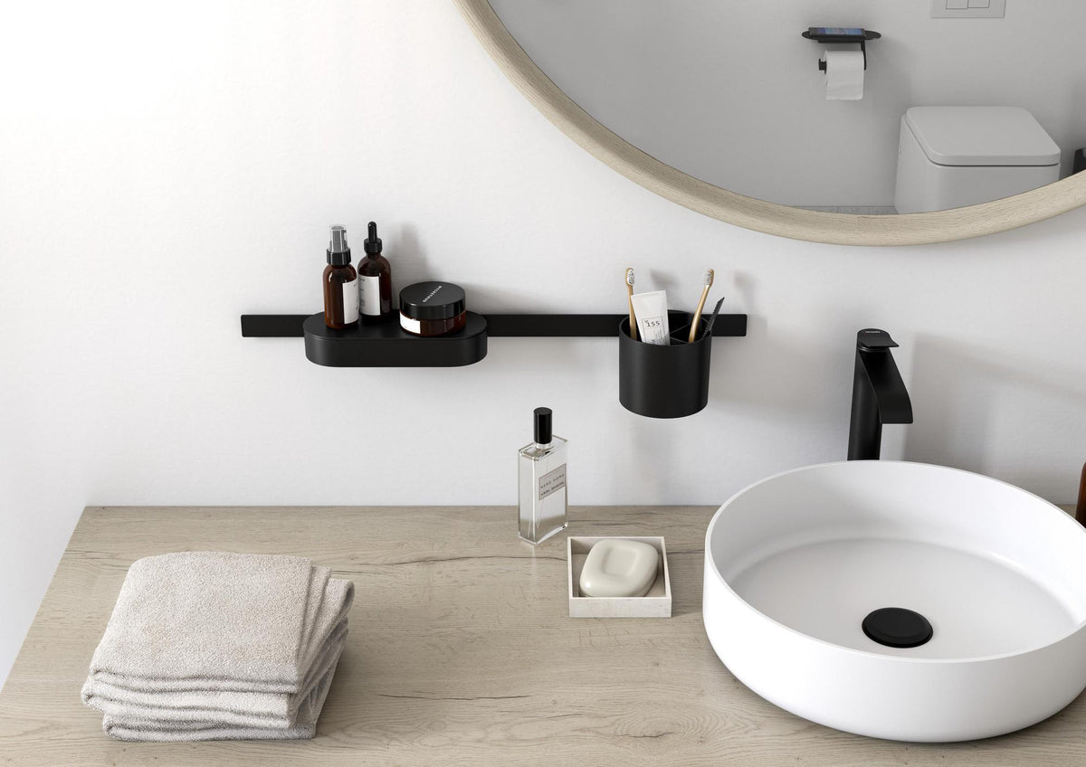 HANSGROHE Badezimmerset WallStoris mattschwarz mit Wandstange, Ablagekorb, Deckel und Becher