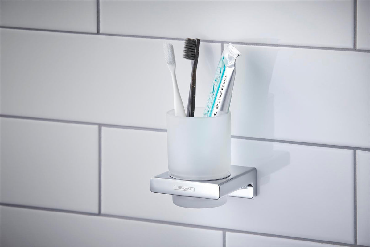 HANSGROHE AddStoris Glashalter Wandmontage Chrom – Mattglas Zahnputzbecher-Halter mit verdeckter Befestigung