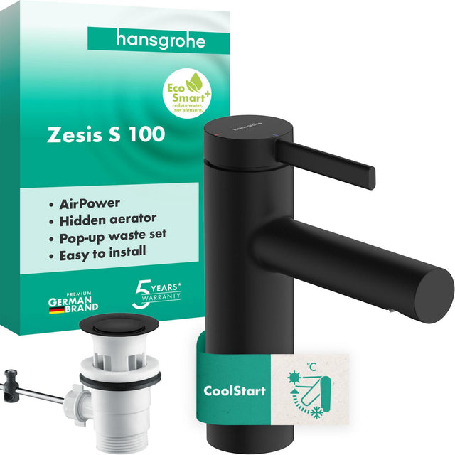 HANSGROHE Zesis S 100 Waschtisch-Einhebelmischer mit Zugstangen-Ablaufgarnitur mattschwarz – ComfortZone 100, CoolStart