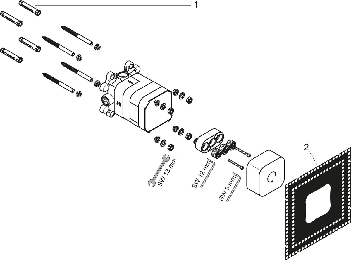 AXOR ShowerSolutions Grundset für Kopfbrause 2-jet mit Brausearm – thermostatisch, quadratisch, schallentkoppelt