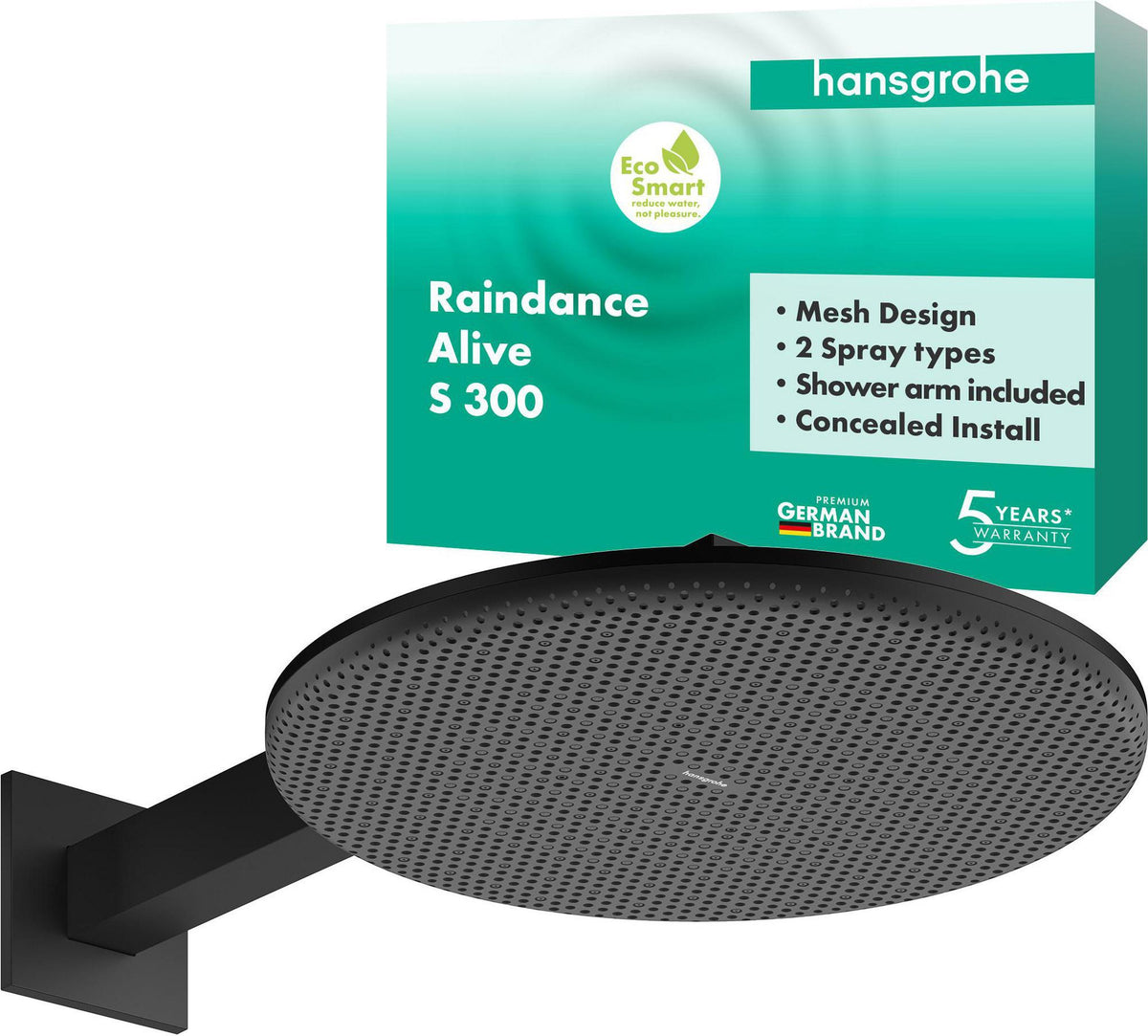 Hansgrohe Raindance Alive S 300 2jet EcoSmart Kopfbrause mit Brausearm – 300 mm, schwarz