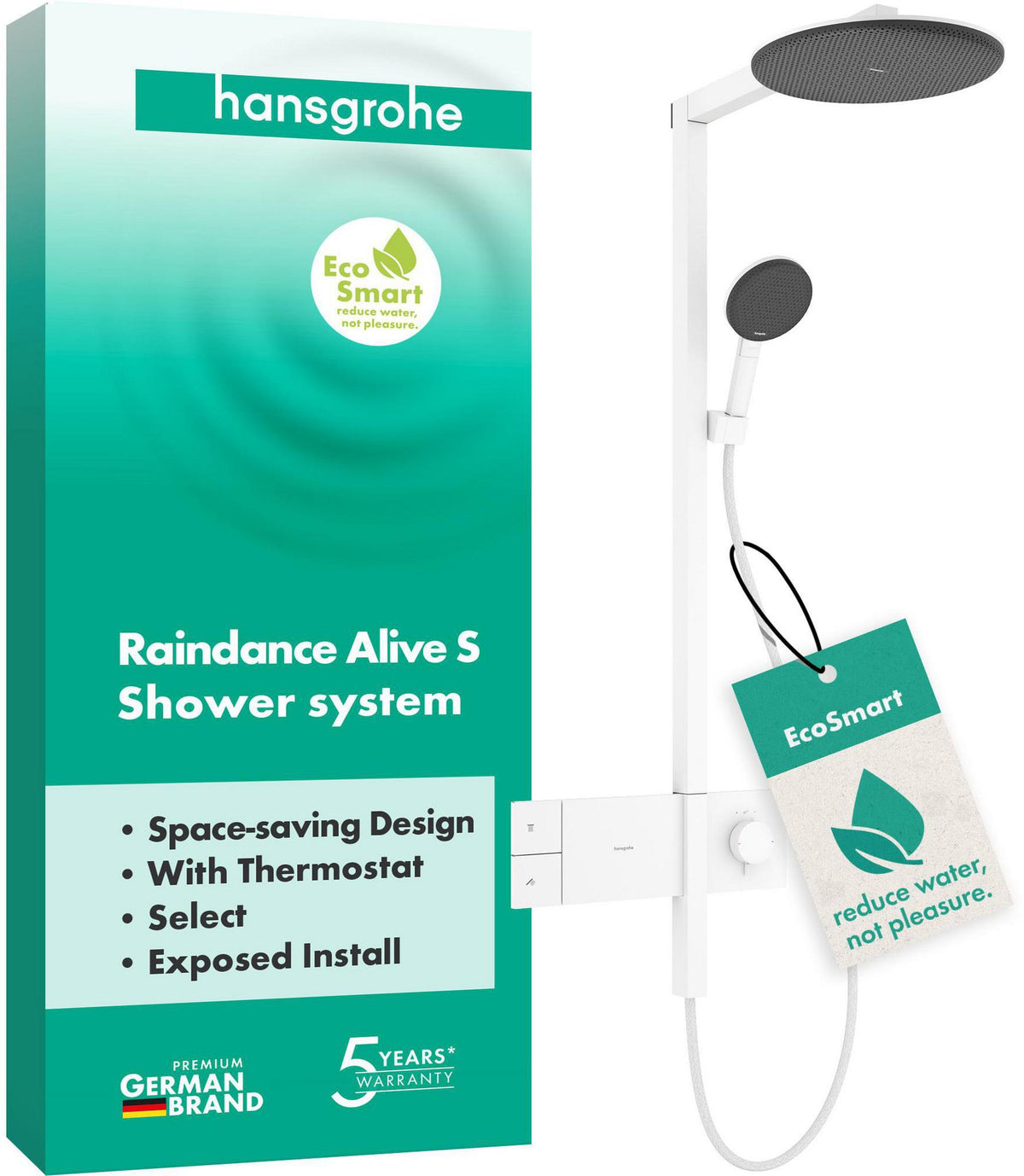 HANSGROHE Raindance Alive S 300 1jet EcoSmart Duschsystem mit Thermostat ShowerSelect Comfort – Schwarz