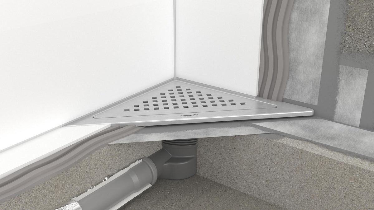 hansgrohe RainDrain Corner Komplettset Punktablauf 240/240, Edelstahl gebürstet – rahmenloses Design, DN40, höhenverstellbar