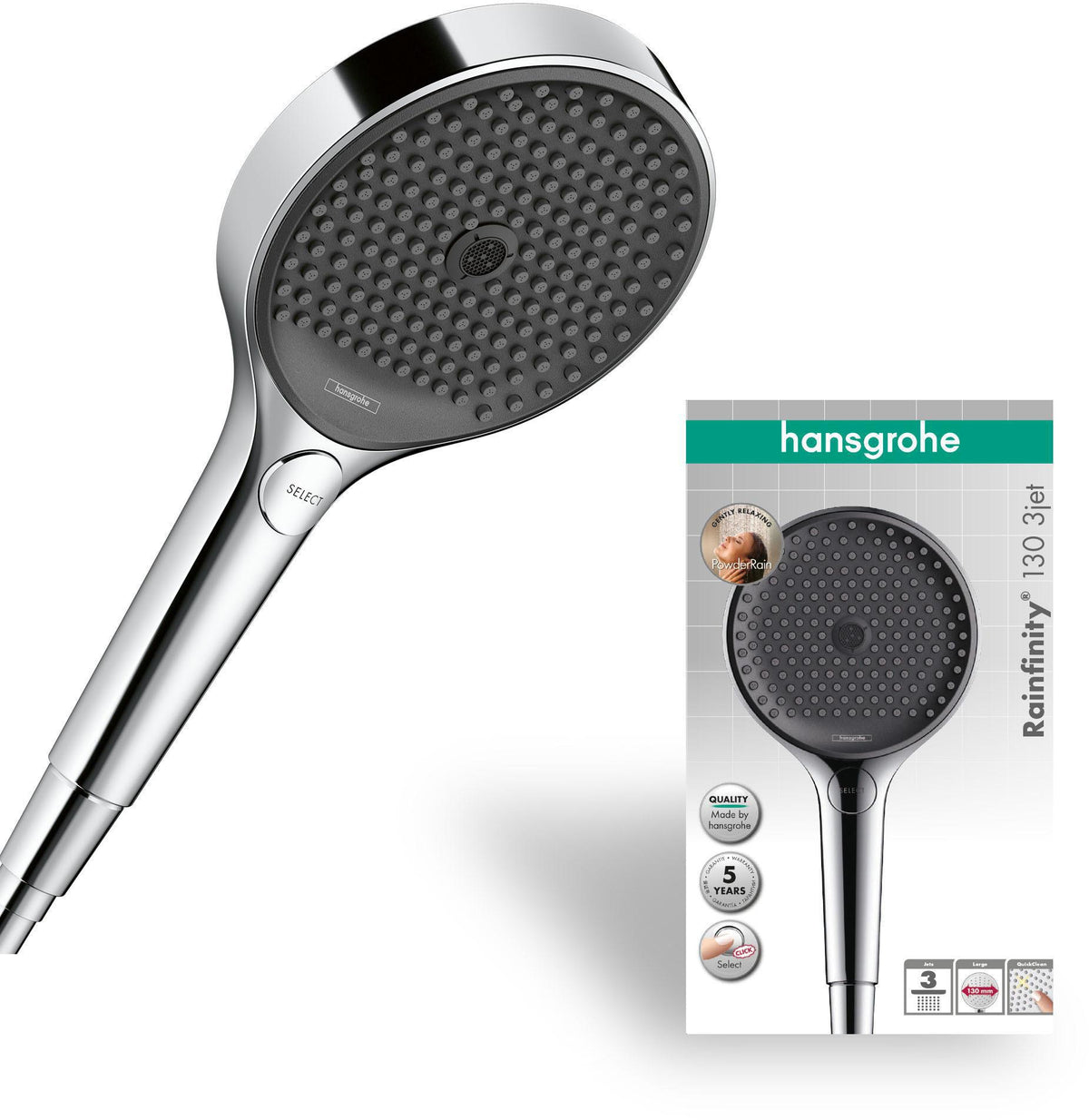 HANSGROHE HG Handbrause Rainfinity 130 3jet Chrom – 3 Strahlarten, QuickClean, Select-Taste