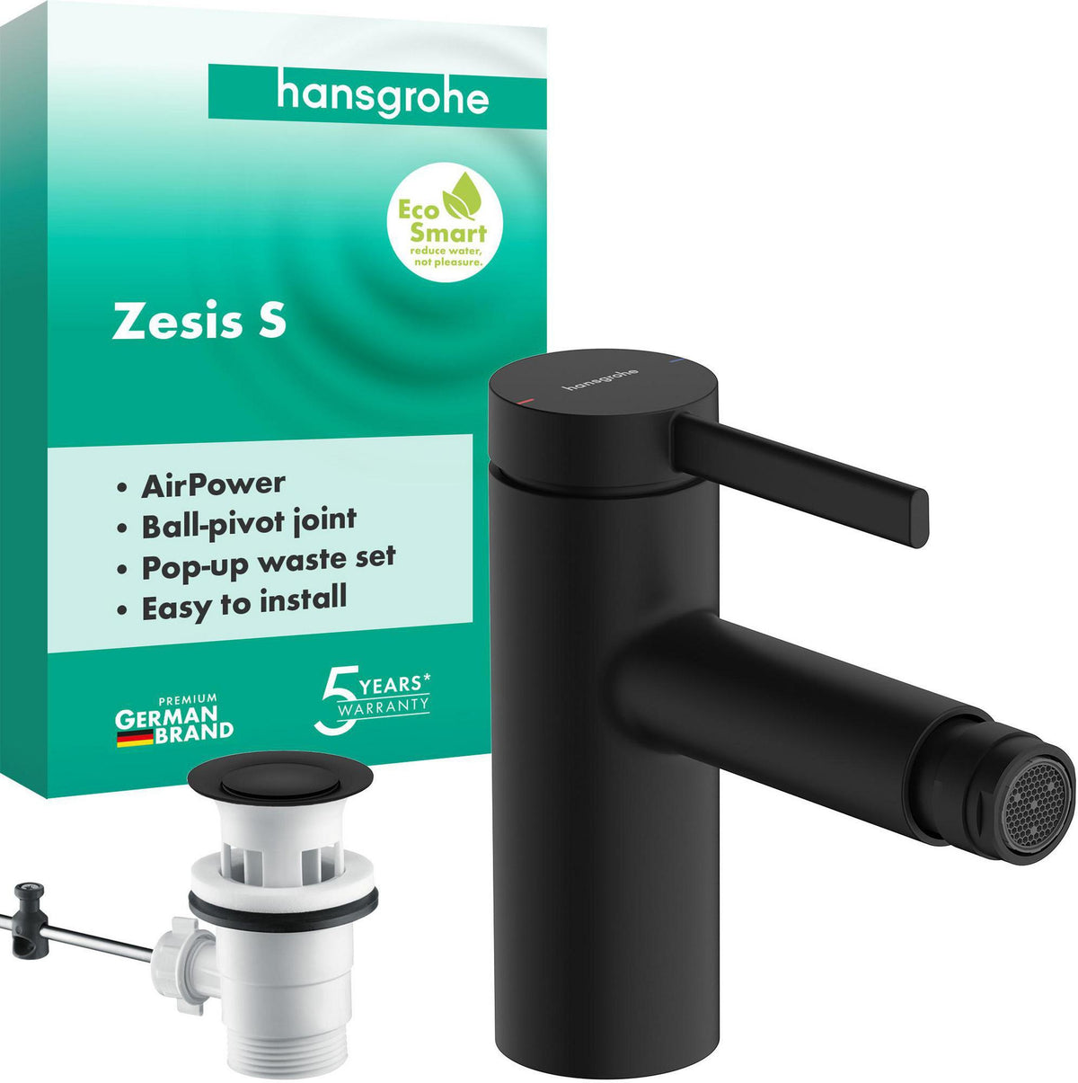 HANSGROHE Zesis S Bidetmischer mattschwarz mit Zugstangen-Ablaufgarnitur
