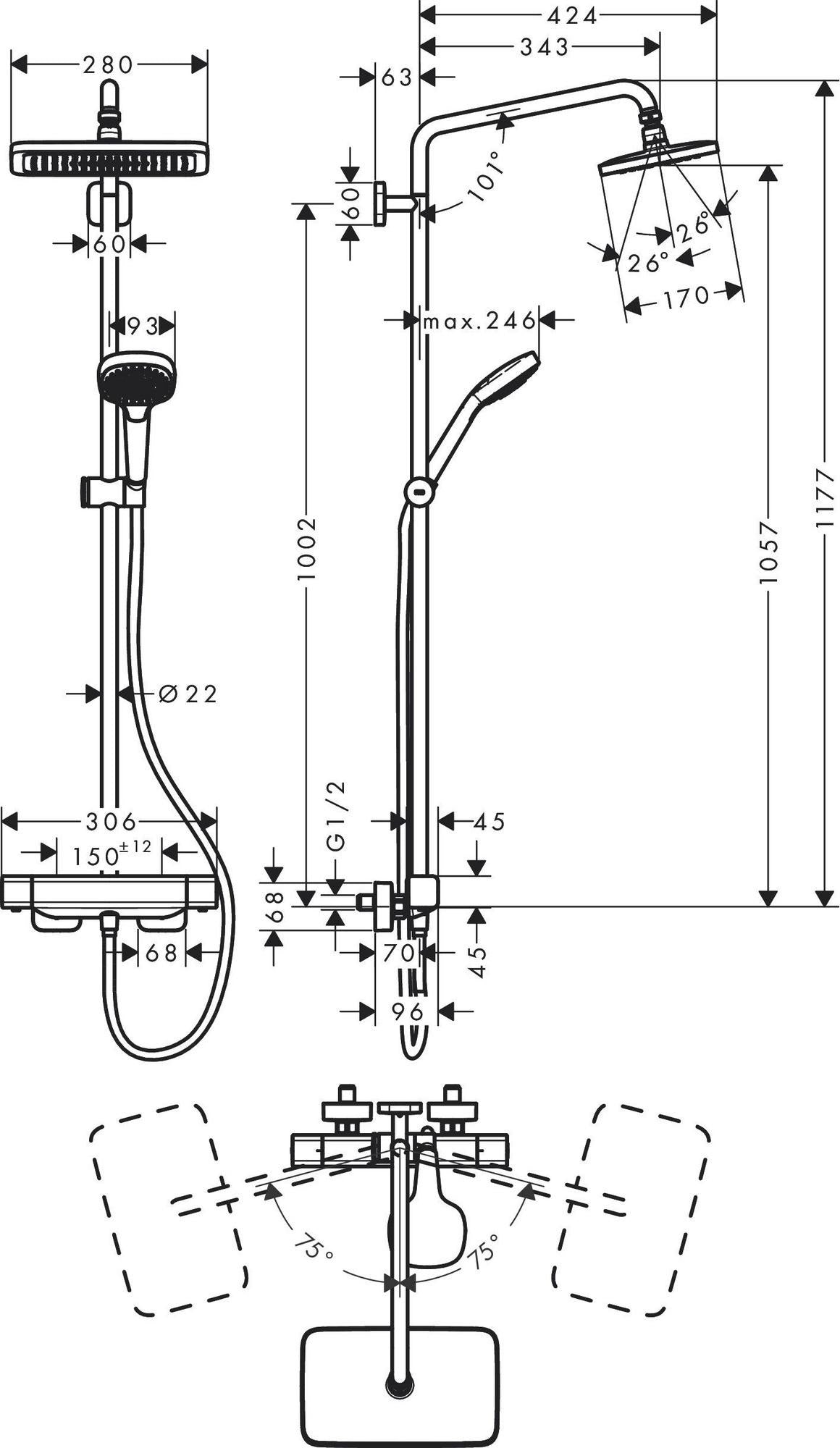HANSGROHE Showerpipe Croma E 280 1jet Chrom mit Brausethermostat – Duschsystem