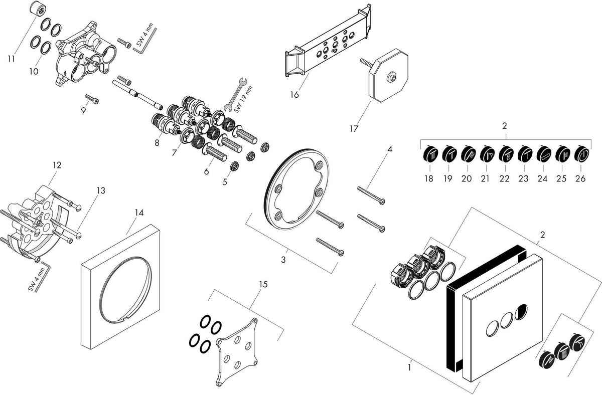 AXOR ShowerSelect Square UP Ventil für 3 Verbraucher – chrom, Select-Button, eckig