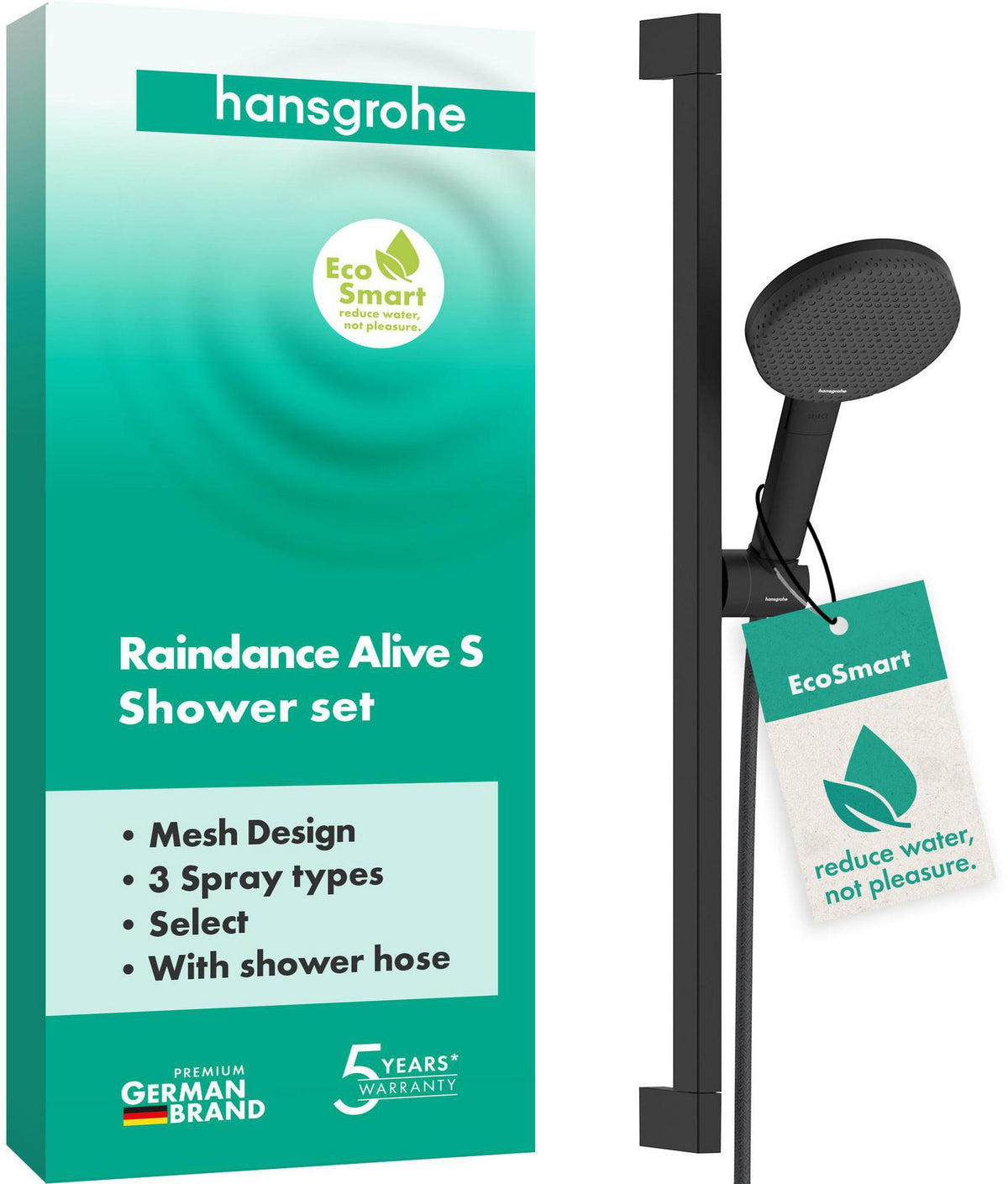 HANSGROHE Raindance Alive Select S 125 Brauseset mit 3 Strahlarten, EcoSmart, Unica 650 mm, Schwarz